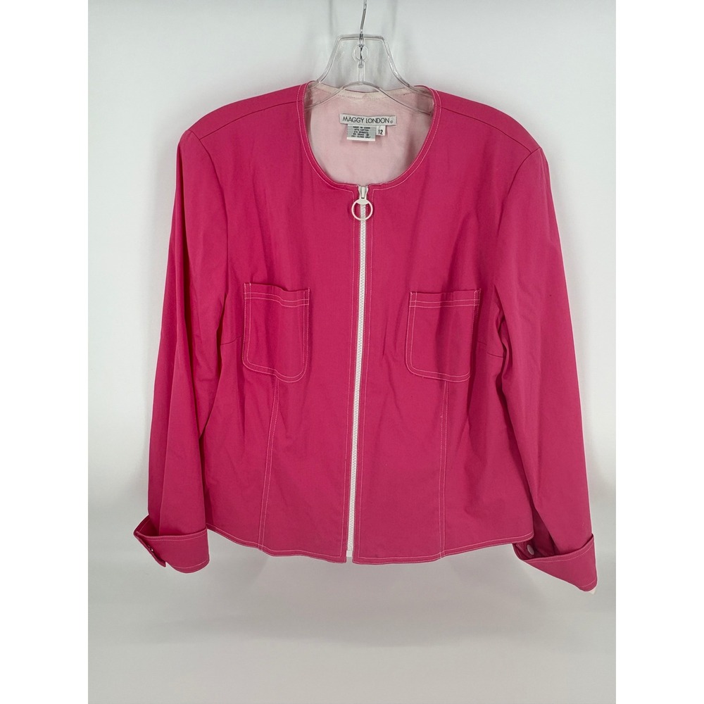 Maggy London Pink Zip Front Blazer Jacket Size 12 Cotton Blend Career